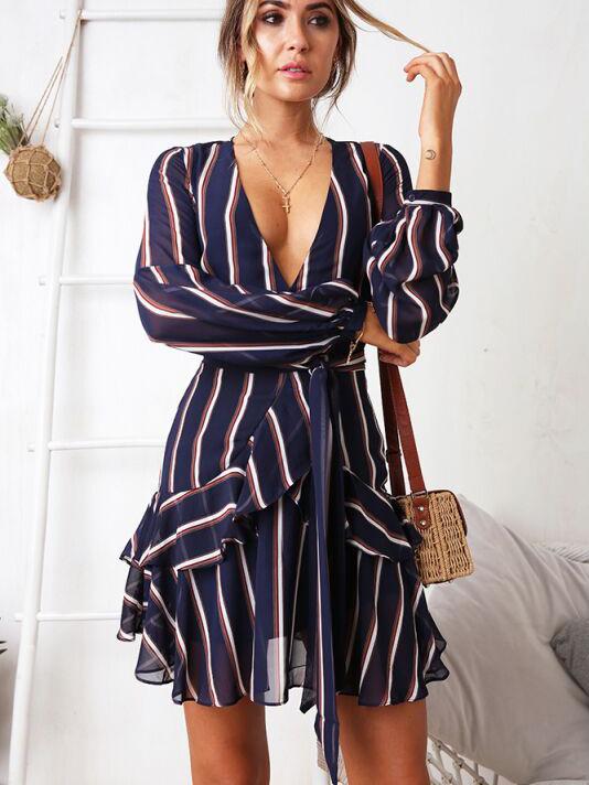 JuliaFashion - 2024 Retro Stripe Plunging Neck Ruffle Mini Dress