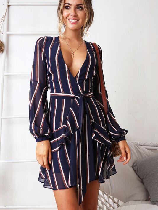 JuliaFashion - 2024 Retro Stripe Plunging Neck Ruffle Mini Dress