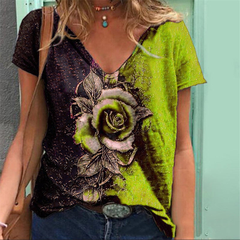 JuliaFashion - 2024 Women Summer Flower Print V-Neck Short Sleeve Tee Shirts