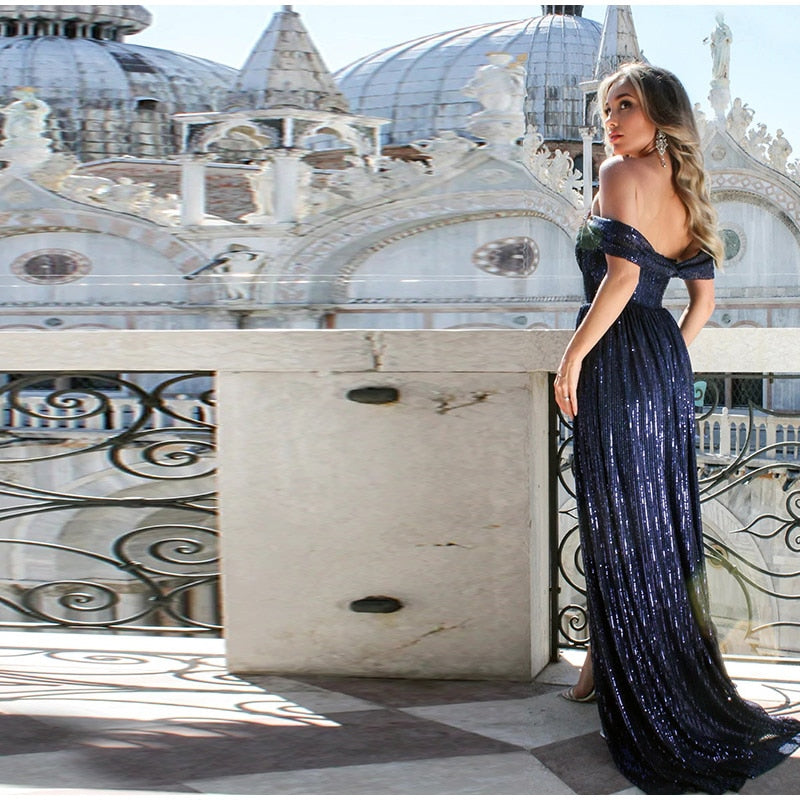 JuliaFashion - 2024 Solid Sequins Strapless Slim Split Dress