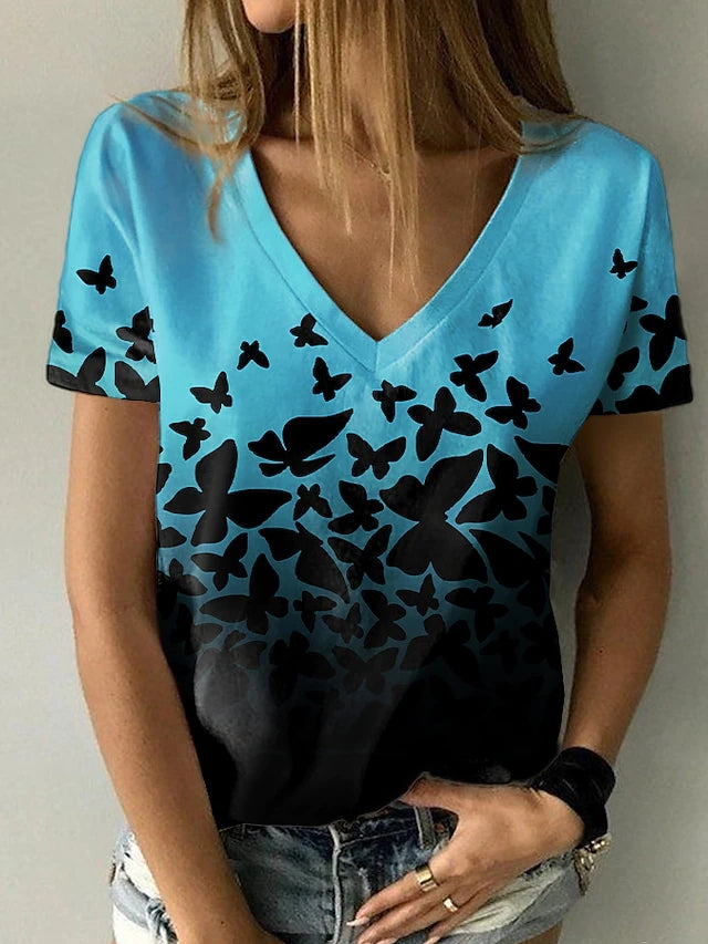 JuliaFashion - 2024 Women Sumerm Casual Drawing Butterfly Print V-Neck T-Shirt