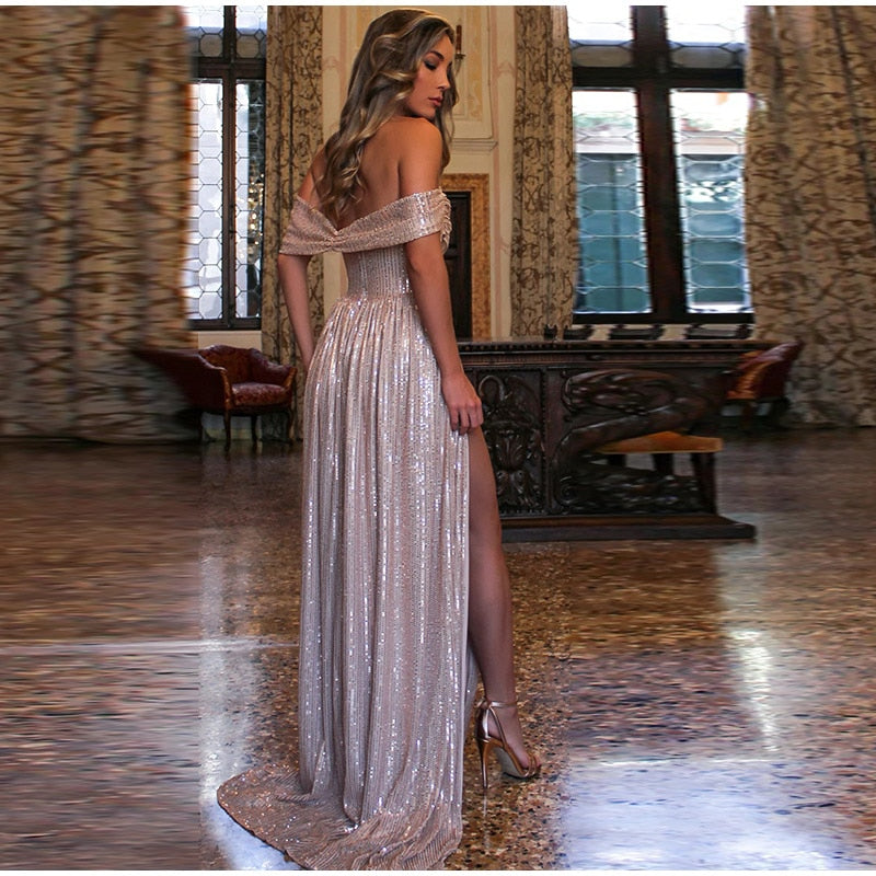 JuliaFashion - 2024 Solid Sequins Strapless Slim Split Dress