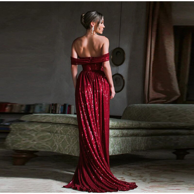 JuliaFashion - 2024 Solid Sequins Strapless Slim Split Dress