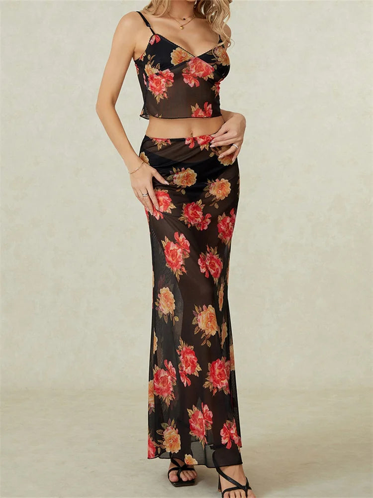 JuliaFashion - V-Neck Retro Floral Print Camis Skirt Suits