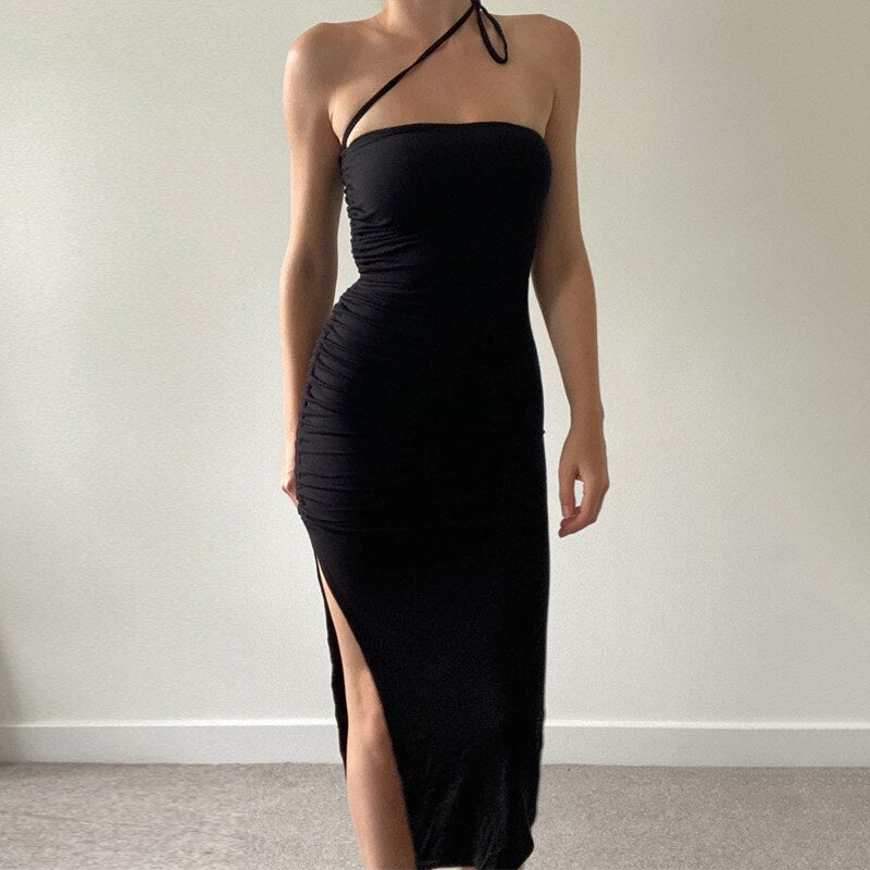 JuliaFashion - 2024 Ruched Bodycon Sexy Slit Tight Midi Dress