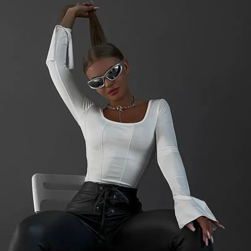 JuliaFashion - 2024 Y2k Square Collar Crop Tee