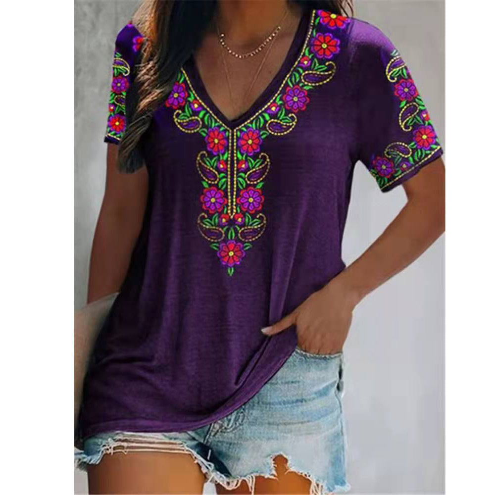 JuliaFashion - 2024 Sexy Boho V-Neck Patchwork Casual Ethnic Style Printed T-Shirt