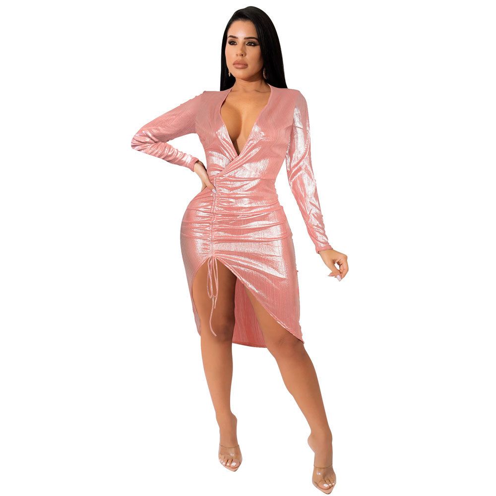 Sexy Deep V Neck Neon Pink Bodycon Midi Dress