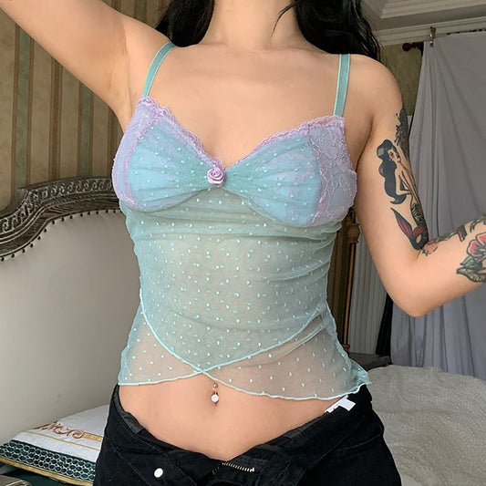JuliaFashion - Y2K Mesh Polka Dot Floral Cami Tops