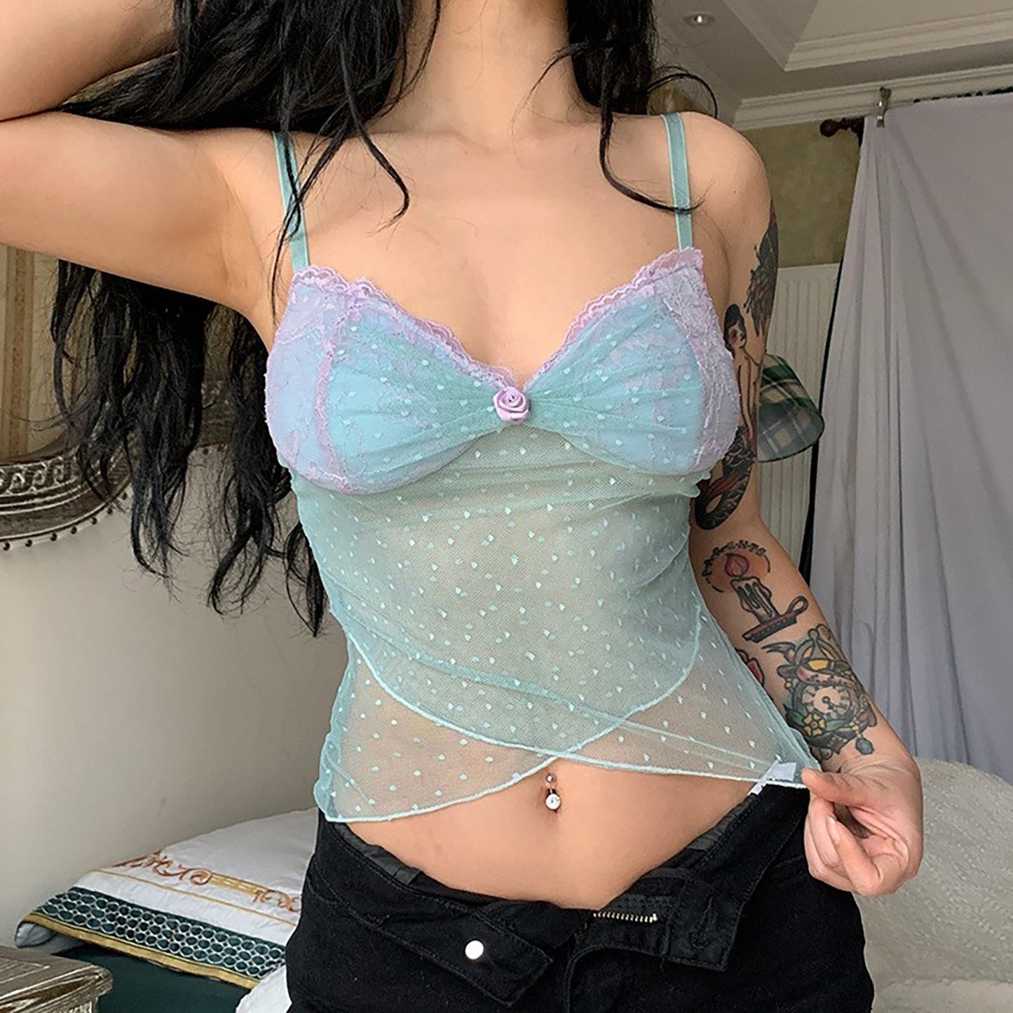 JuliaFashion - 2024 Y2K Mesh Polka Dot Floral Cami Tops