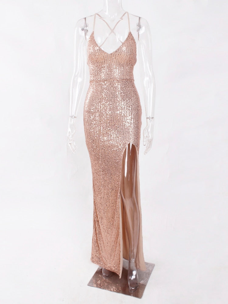 JuliaFashion - Sexy V-Neck Lace Up Sequined Cocktail Party Dress