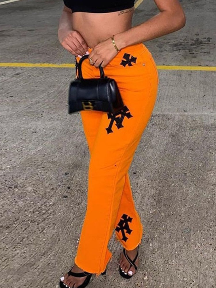 JuliaFashion - 2024 Sifreyr Cross Embroidery Orange Jeans Women Low Waist Straight Streetwear Casual Baggy Jeans