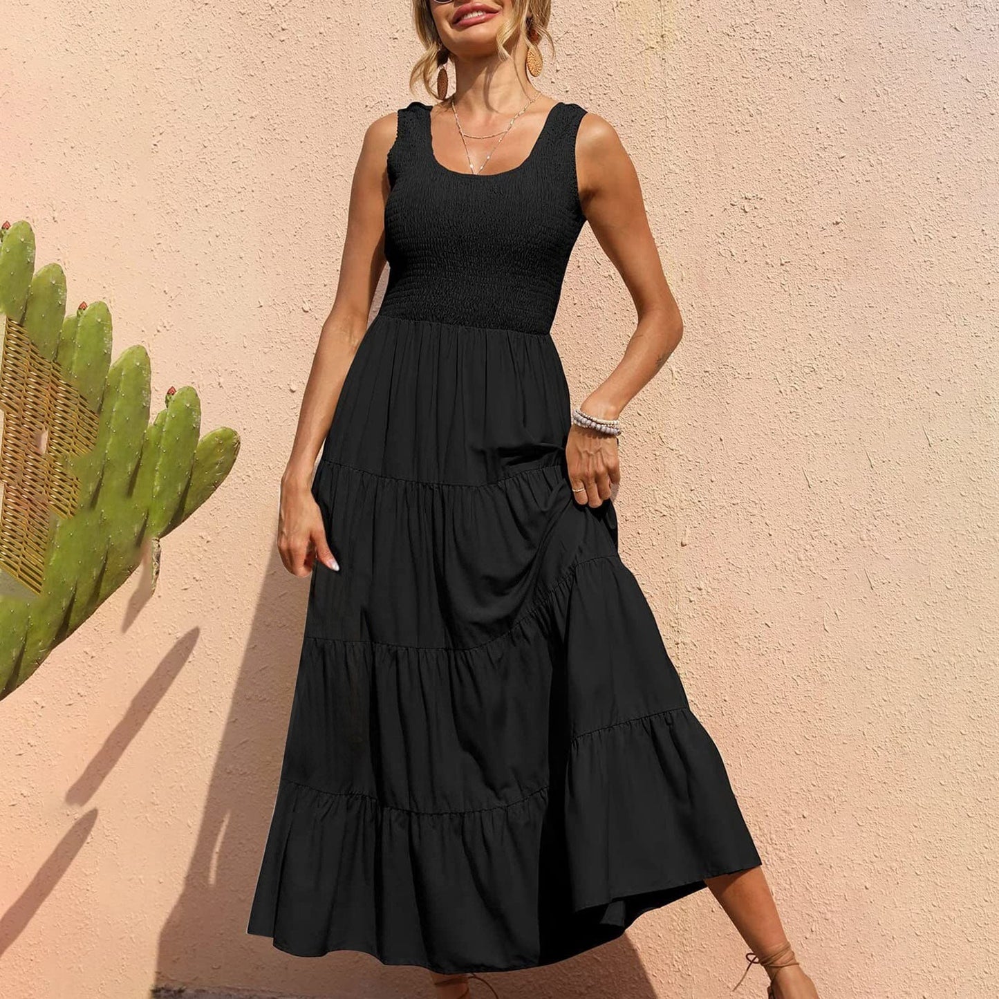 JuliaFashion - 2024 Sleeveless Draped Round Neck Holiday Dress