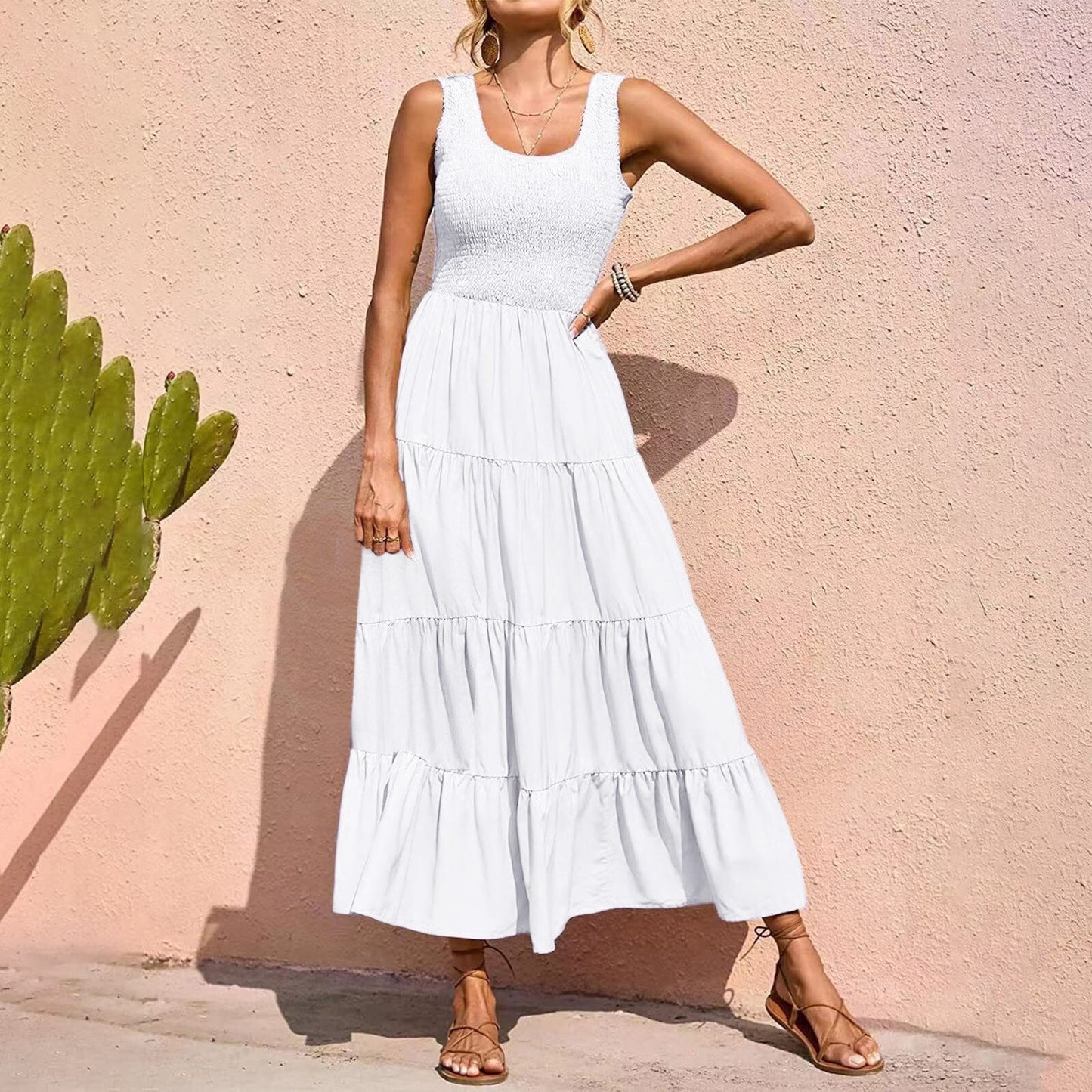 JuliaFashion - 2024 Sleeveless Draped Round Neck Holiday Dress