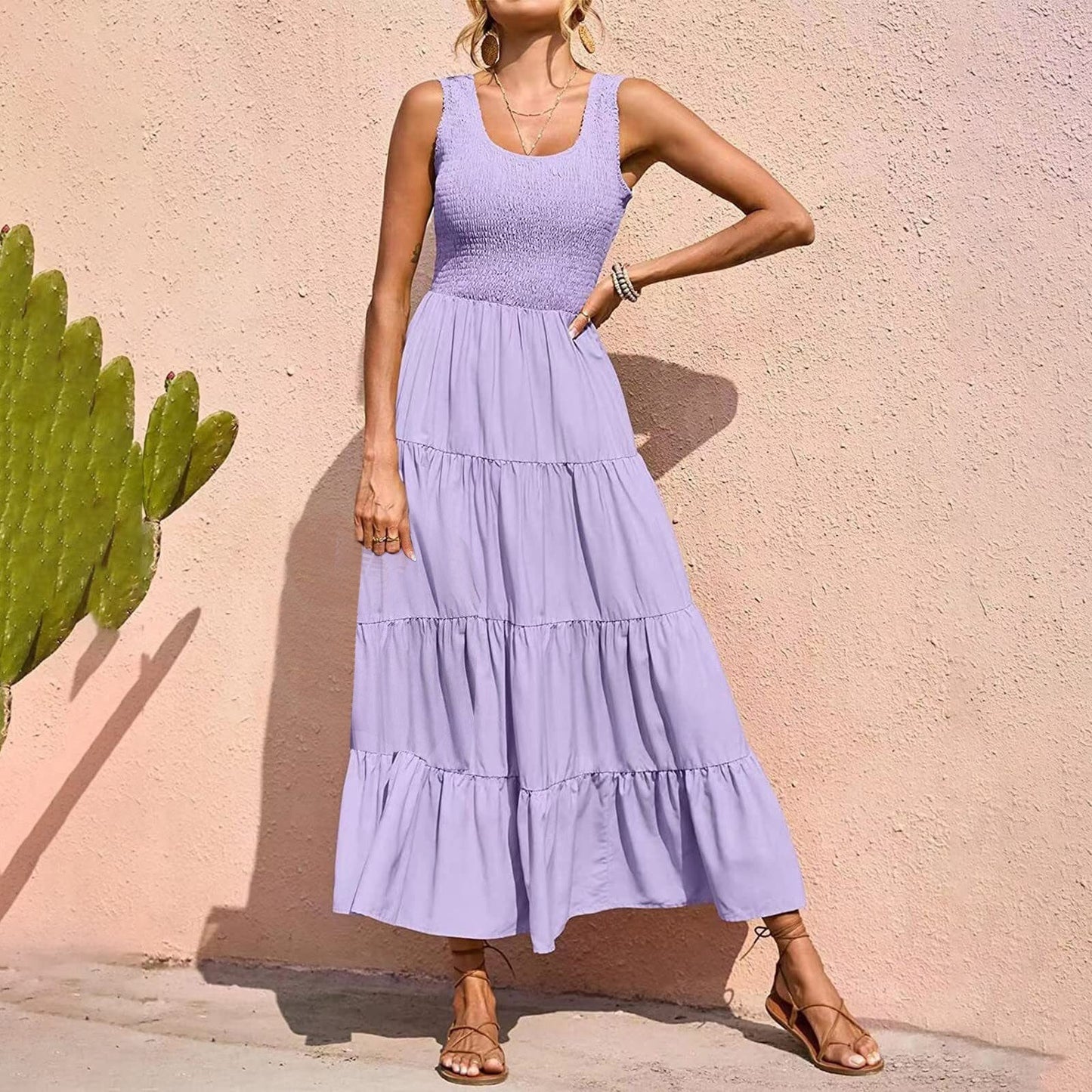 JuliaFashion - 2024 Sleeveless Draped Round Neck Holiday Dress