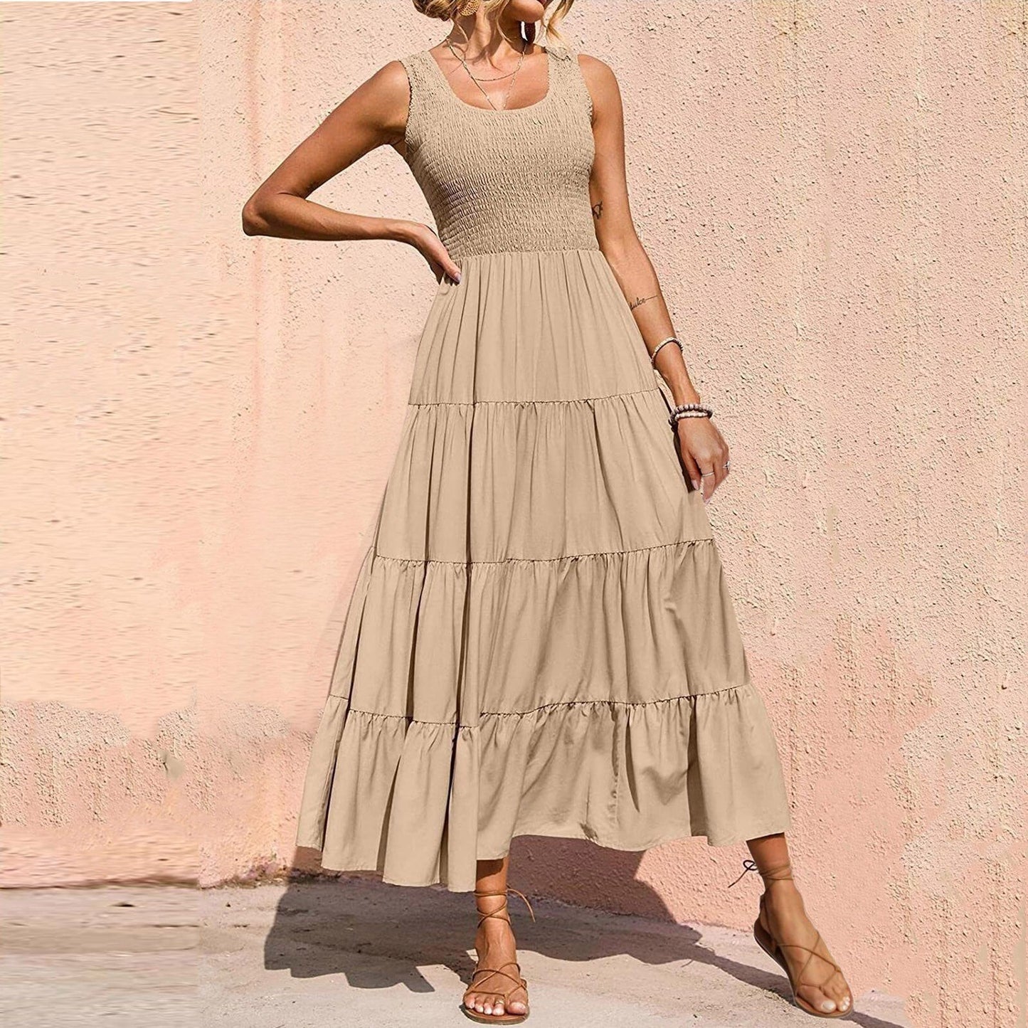 JuliaFashion - 2024 Sleeveless Draped Round Neck Holiday Dress