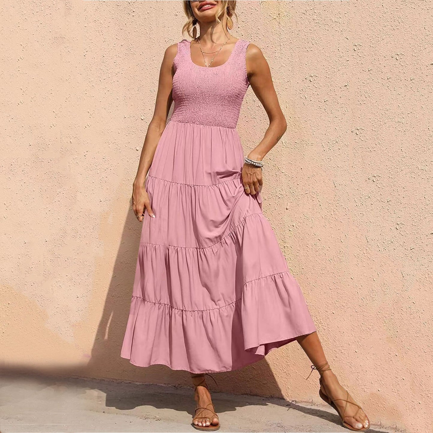JuliaFashion - 2024 Sleeveless Draped Round Neck Holiday Dress