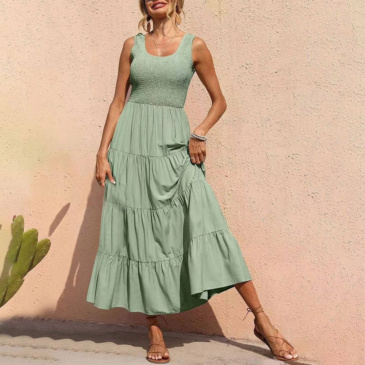 JuliaFashion - 2024 Sleeveless Draped Round Neck Holiday Dress