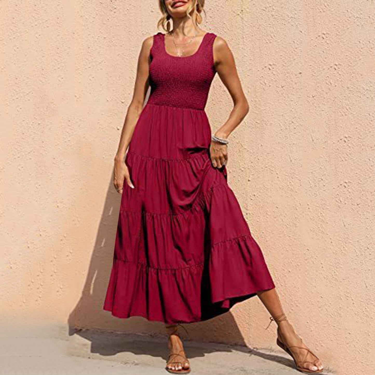 JuliaFashion - 2024 Sleeveless Draped Round Neck Holiday Dress
