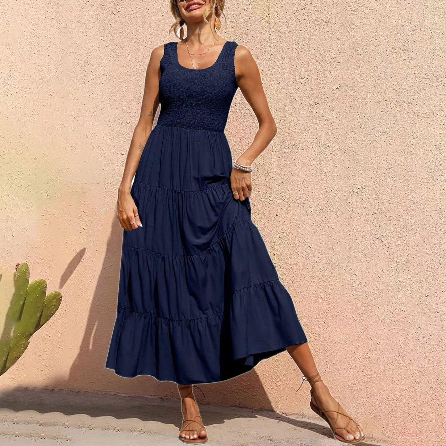 JuliaFashion - 2024 Sleeveless Draped Round Neck Holiday Dress