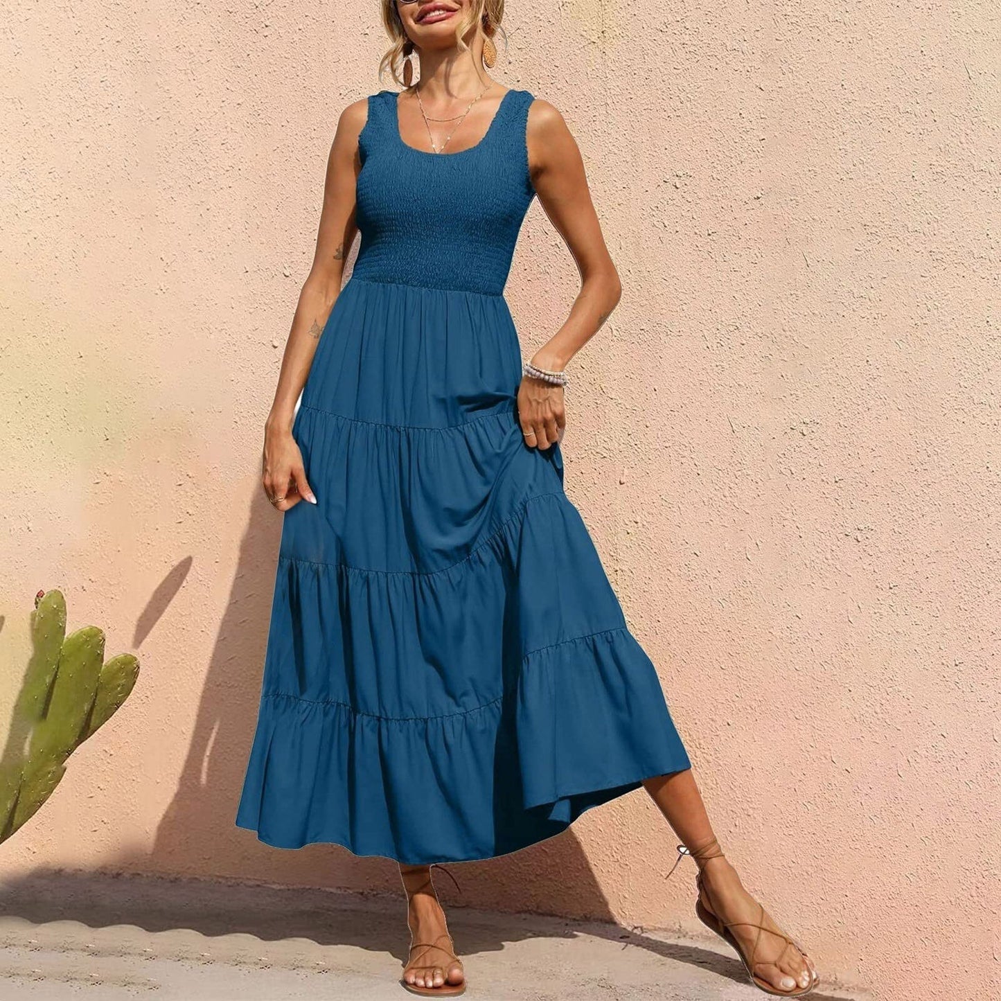 JuliaFashion - 2024 Sleeveless Draped Round Neck Holiday Dress