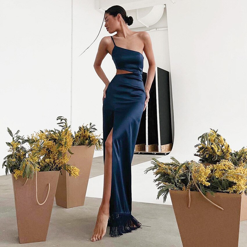JuliaFashion-Elegant High Waist Tassel Cut Out Maxi Dress