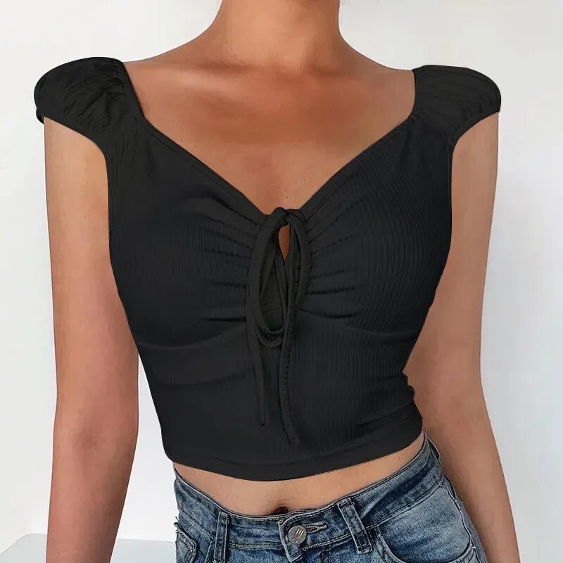 JuliaFashion - 2024 Puff Sleeve Bow Crop Tee