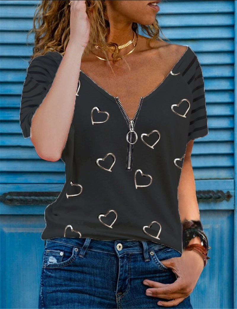 JuliaFashion - 2024 Summer Fashion Women's Loose Summer Loose T-shirt Striped Short Sleeve Blouse Zipper V-neck Casual Tops