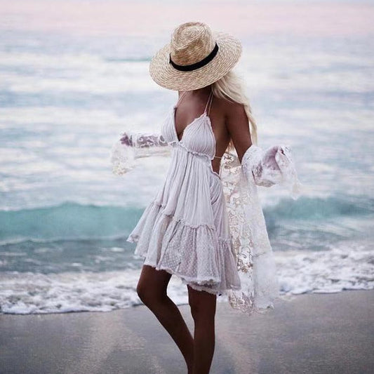 JuliaFashion - Sexy Lace-Up Backless Halter Boho Dress
