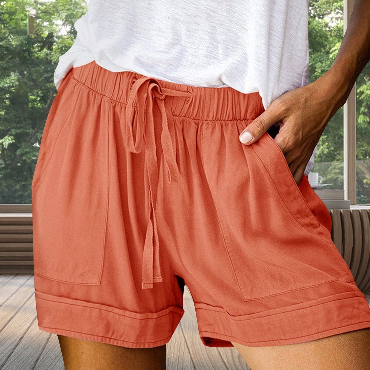 JuliaFashion-Elastic Waist Drawstring Loose Short