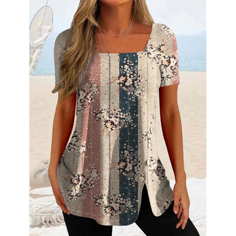 JuliaFashion - 2024 Women Ethnic Style Button Slit Short-sleeved Top Blouse