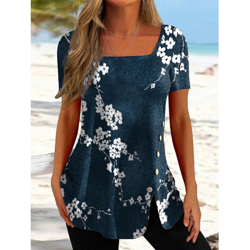 JuliaFashion - 2024 Women Ethnic Style Button Slit Short-sleeved Top Blouse