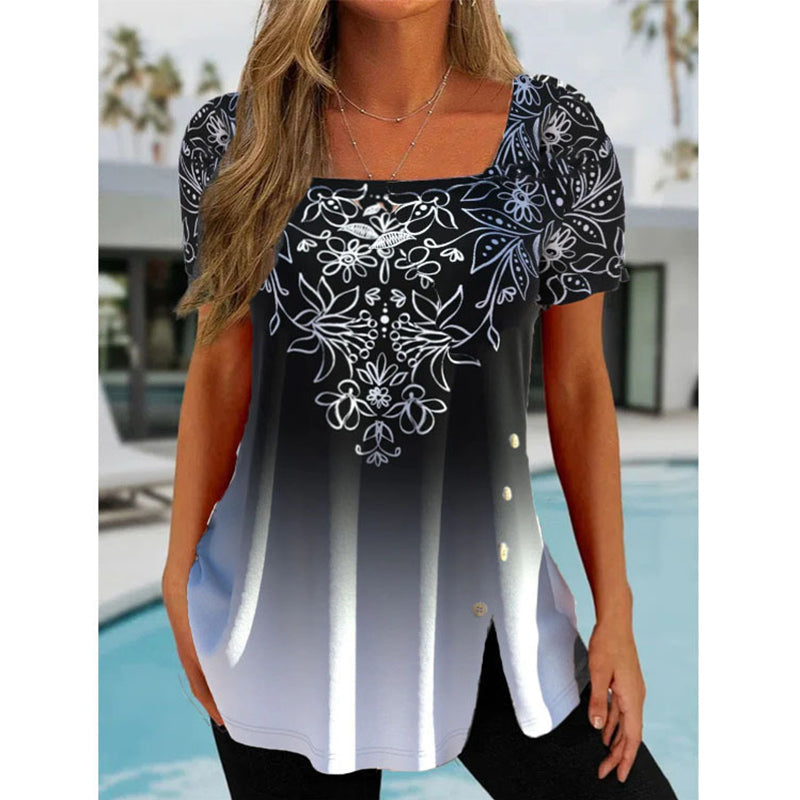 JuliaFashion - 2024 Women Ethnic Style Button Slit Short-sleeved Top Blouse