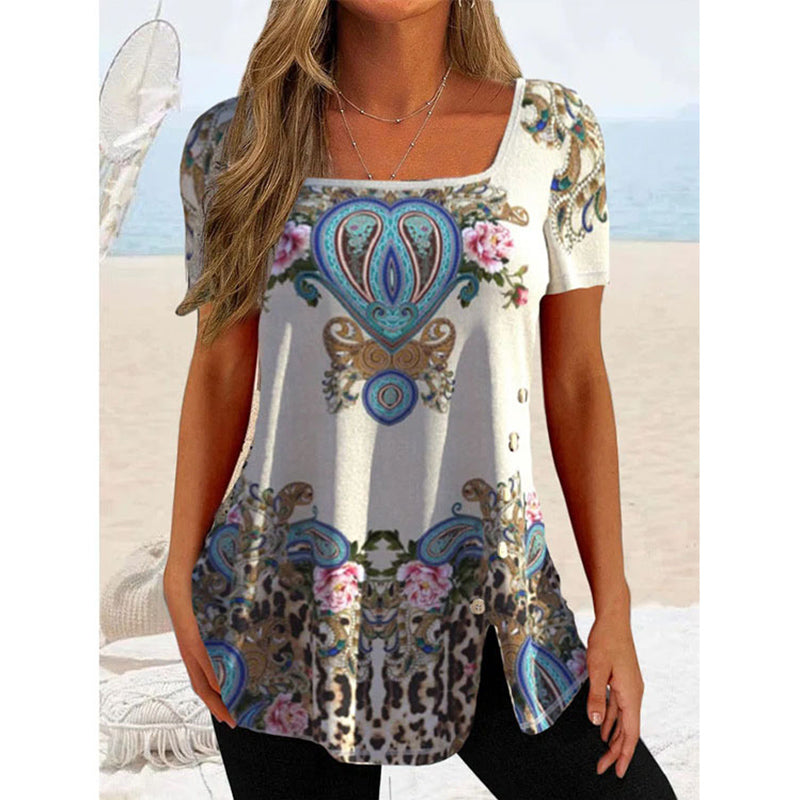 JuliaFashion - 2024 Women Ethnic Style Button Slit Short-sleeved Top Blouse