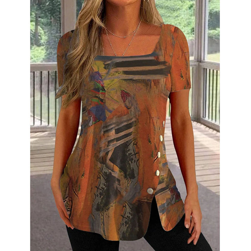 JuliaFashion - 2024 Women Ethnic Style Button Slit Short-sleeved Top Blouse