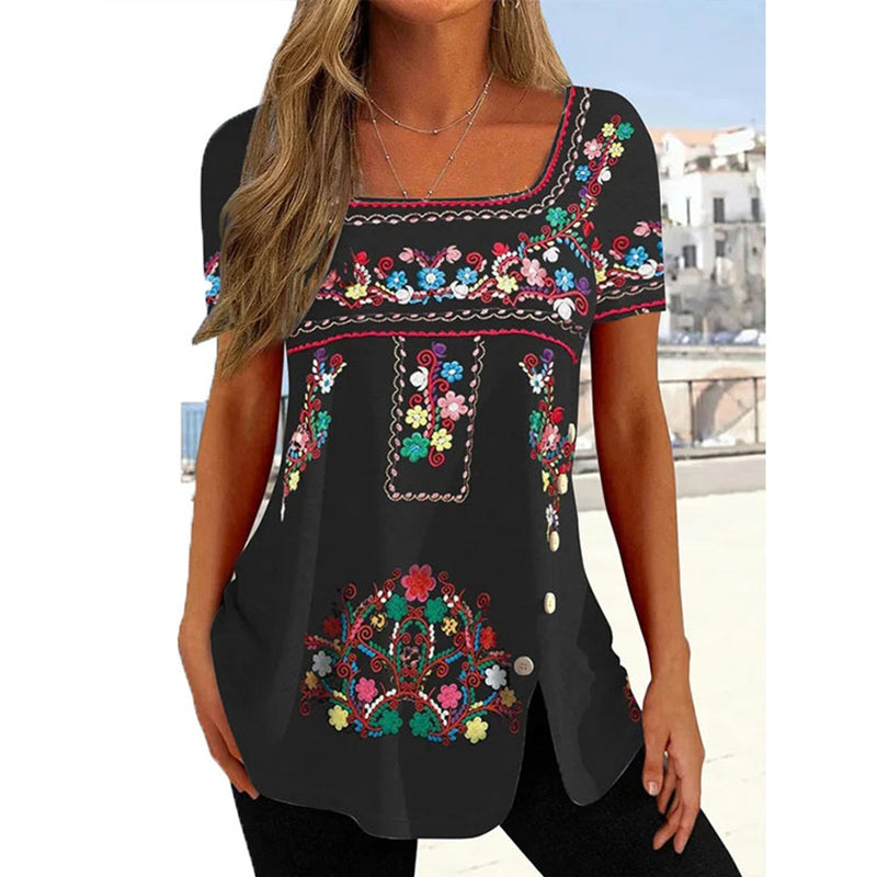 JuliaFashion - 2024 Women Ethnic Style Button Slit Short-sleeved Top Blouse