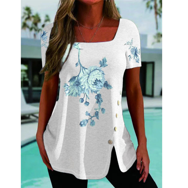 JuliaFashion - 2024 Women Ethnic Style Button Slit Short-sleeved Top Blouse