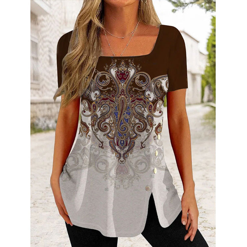 JuliaFashion - 2024 Women Ethnic Style Button Slit Short-sleeved Top Blouse