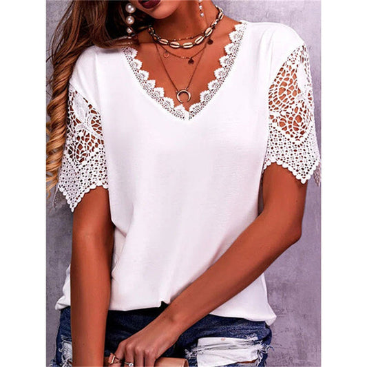 JuliaFashion - 2024 Women's Lace Stitching Petal Sleeve V-Neck Blouse Tops