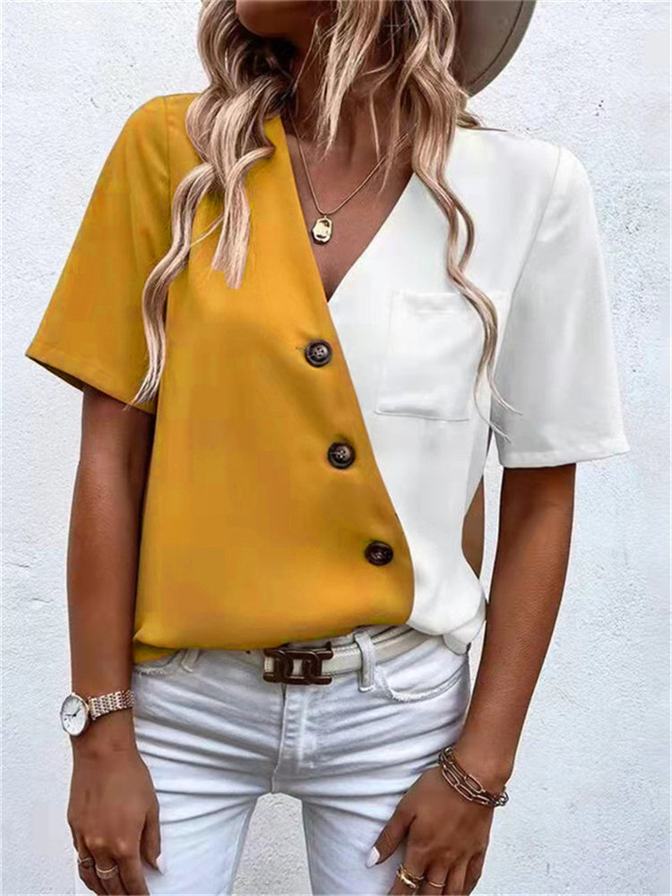 JuliaFashion - 2024 Women Chiffon Contrast Color Oblique Buckle V-Neck Short Sleeve Blouse