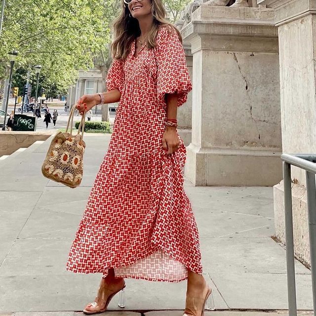 JuliaFashion - 2024 Women Printed V-Neck Boho Drawstring Loose Holiday Beach Dress