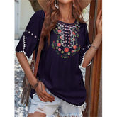 JuliaFashion - 2024 Women Casual O-Neck T Shirt Vintage Ethnic Floral Print Loose Top