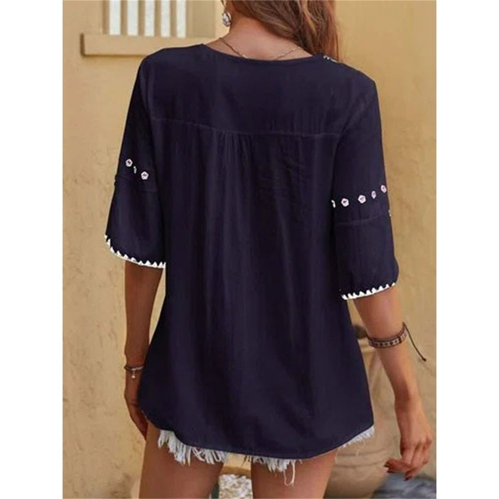 JuliaFashion - 2024 Women Casual O-Neck T Shirt Vintage Ethnic Floral Print Loose Top