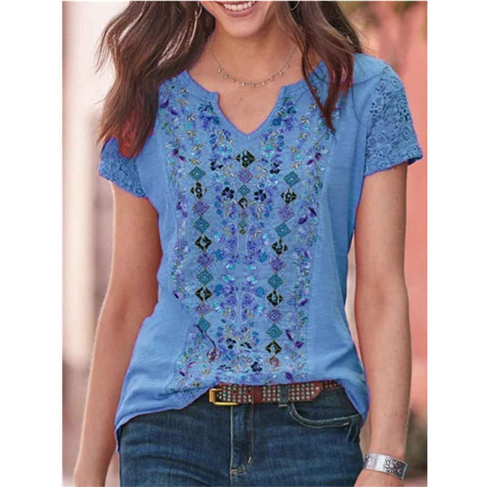 JuliaFashion - 2024 Women Casual V-Neck T Shirt Vintage Boho Ethnic Floral Print Loose Top