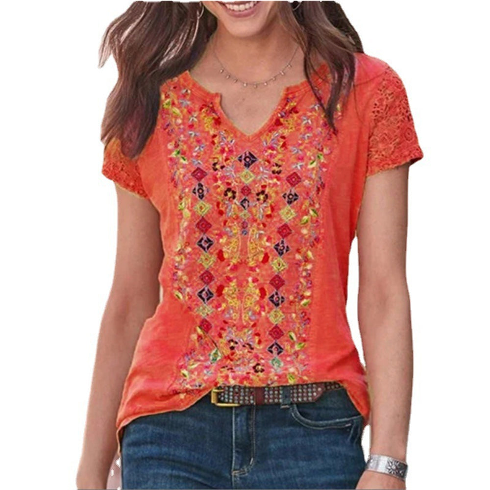 JuliaFashion - 2024 Women Casual V-Neck T Shirt Vintage Boho Ethnic Floral Print Loose Top