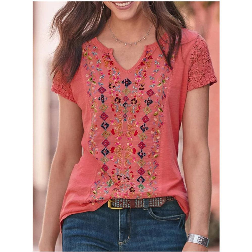 JuliaFashion - 2024 Women Casual V-Neck T Shirt Vintage Boho Ethnic Floral Print Loose Top