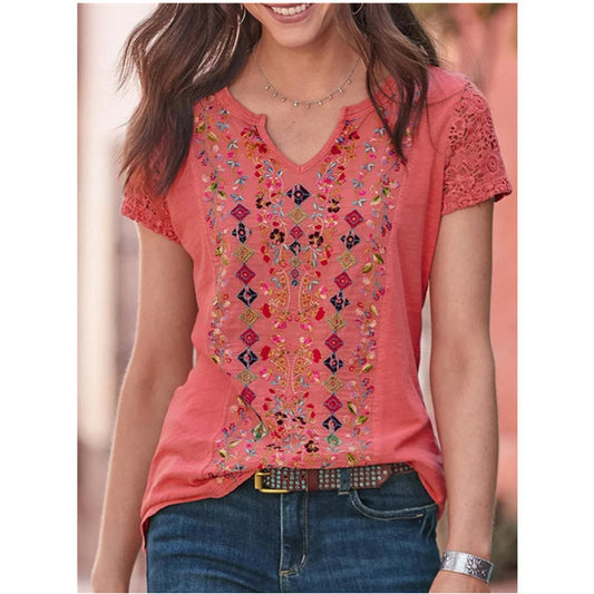 JuliaFashion - 2024 Women Casual V-Neck T Shirt Vintage Boho Ethnic Floral Print Loose Top