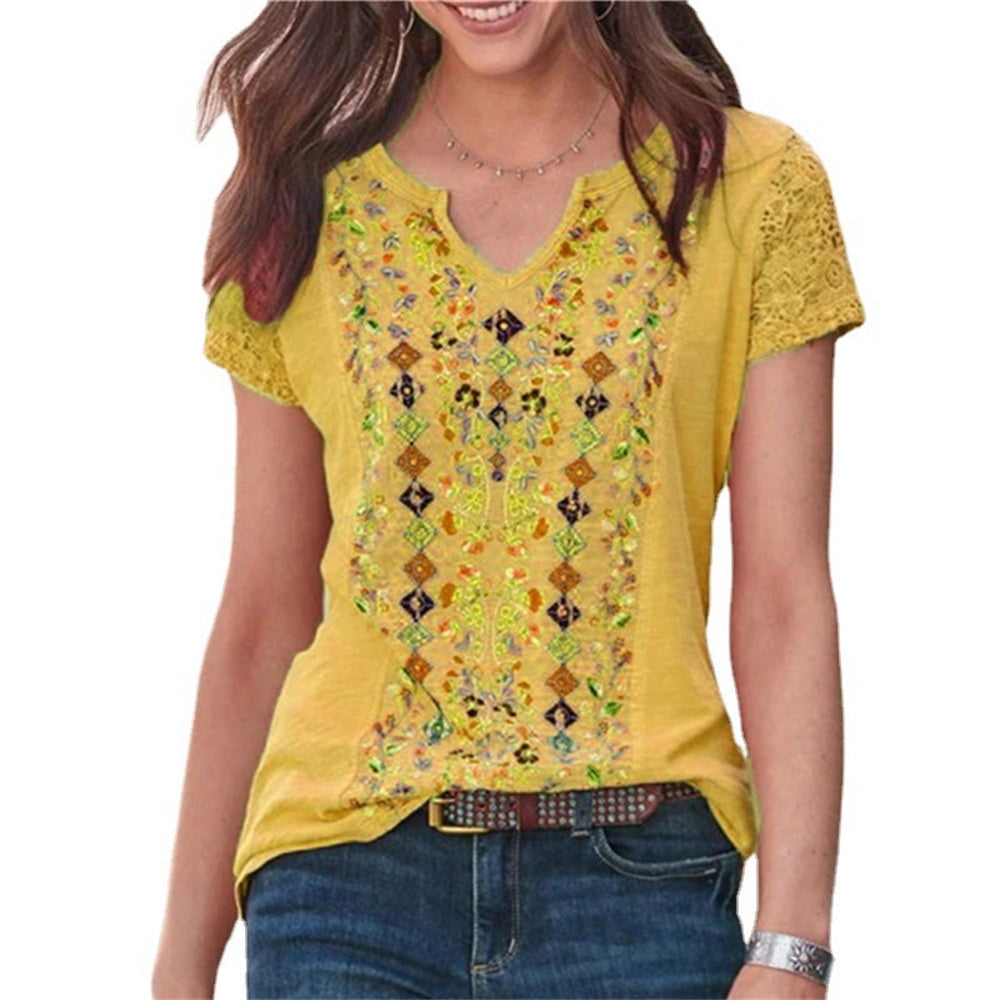 JuliaFashion - 2024 Women Casual V-Neck T Shirt Vintage Boho Ethnic Floral Print Loose Top