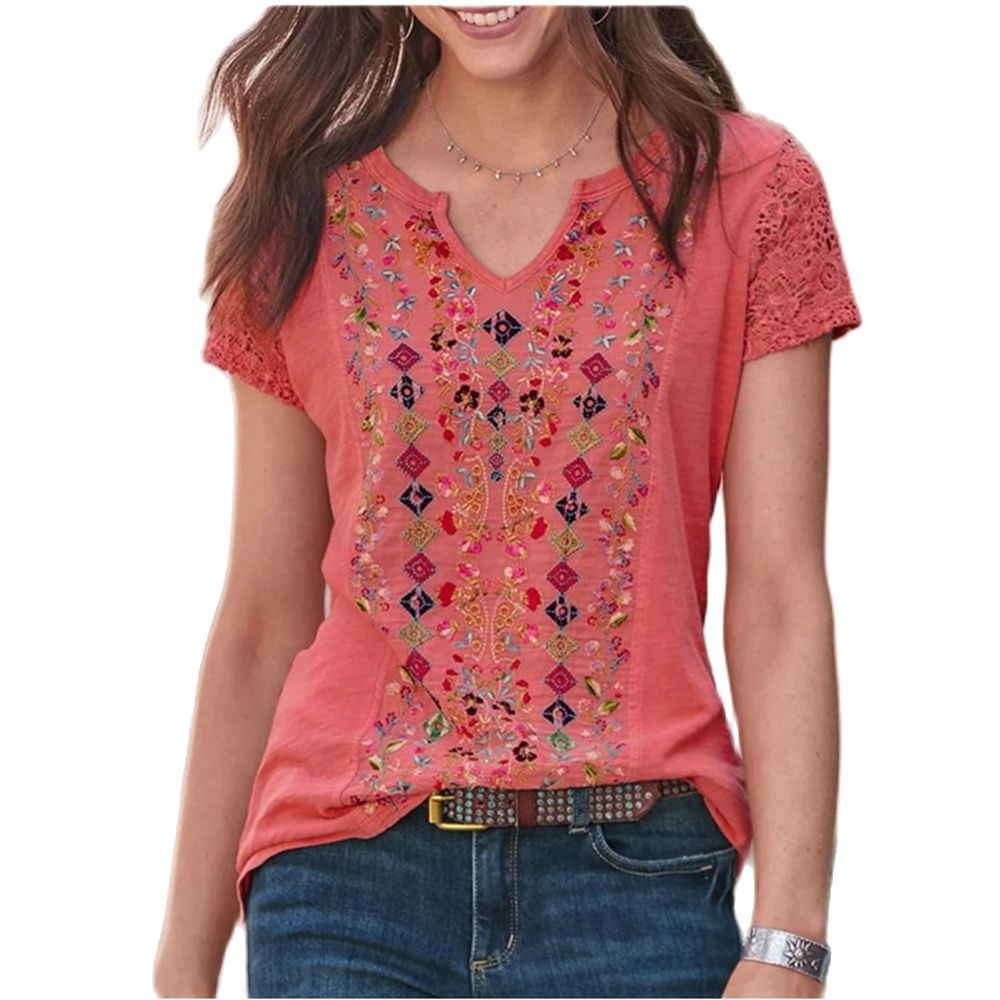 JuliaFashion - 2024 Women Casual V-Neck T Shirt Vintage Boho Ethnic Floral Print Loose Top