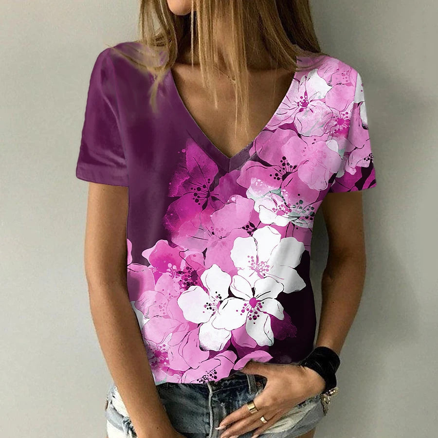 JuliaFashion - 2024 Summer Women's Floral Painting Floral Print V-Neck Basic Tops